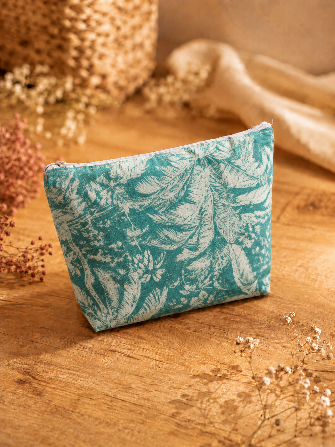 Green Off-White Floral Skincare & Makeup Pouch