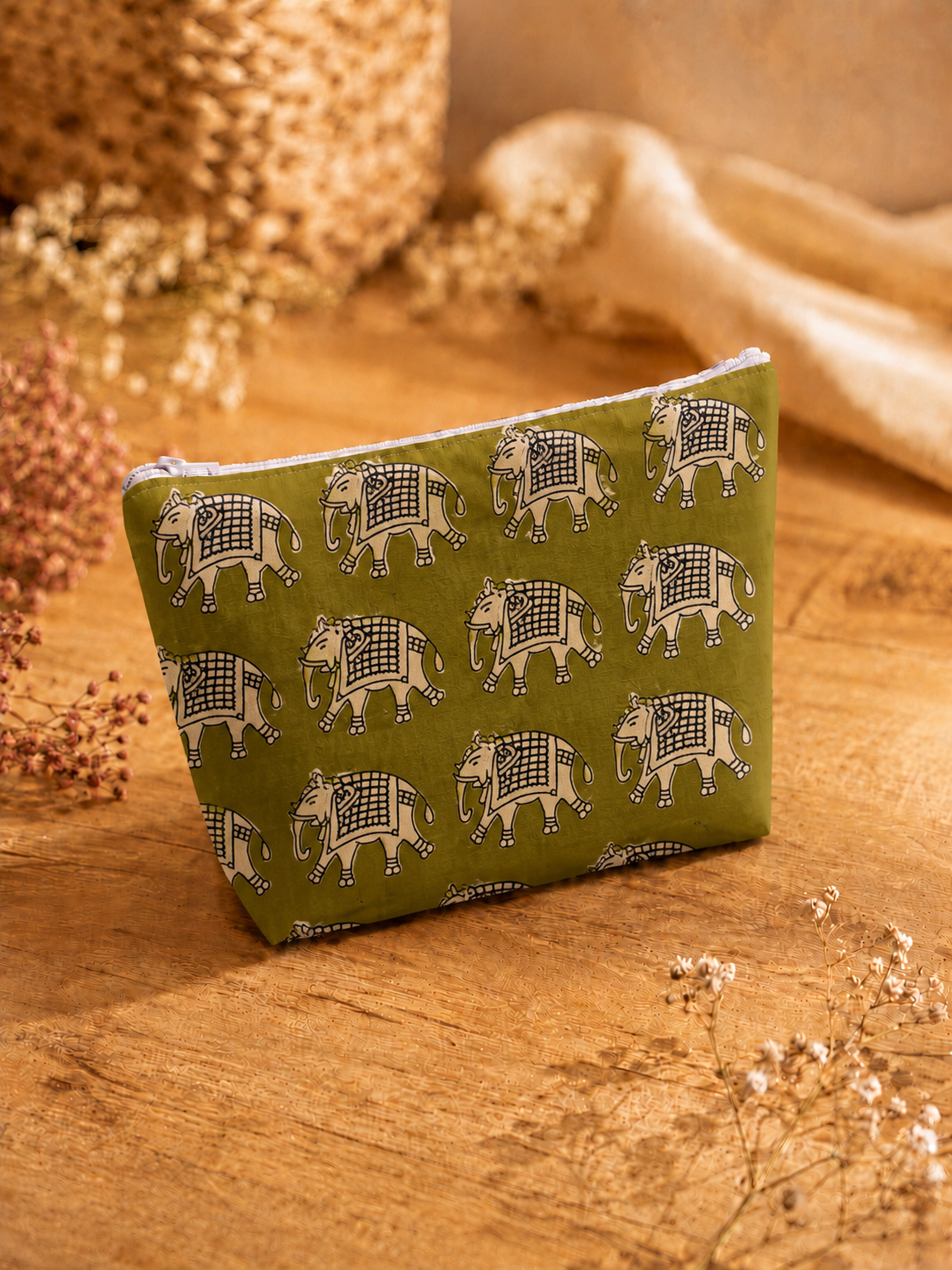 Olive Green Elephant Print Skincare & Makeup Pouch