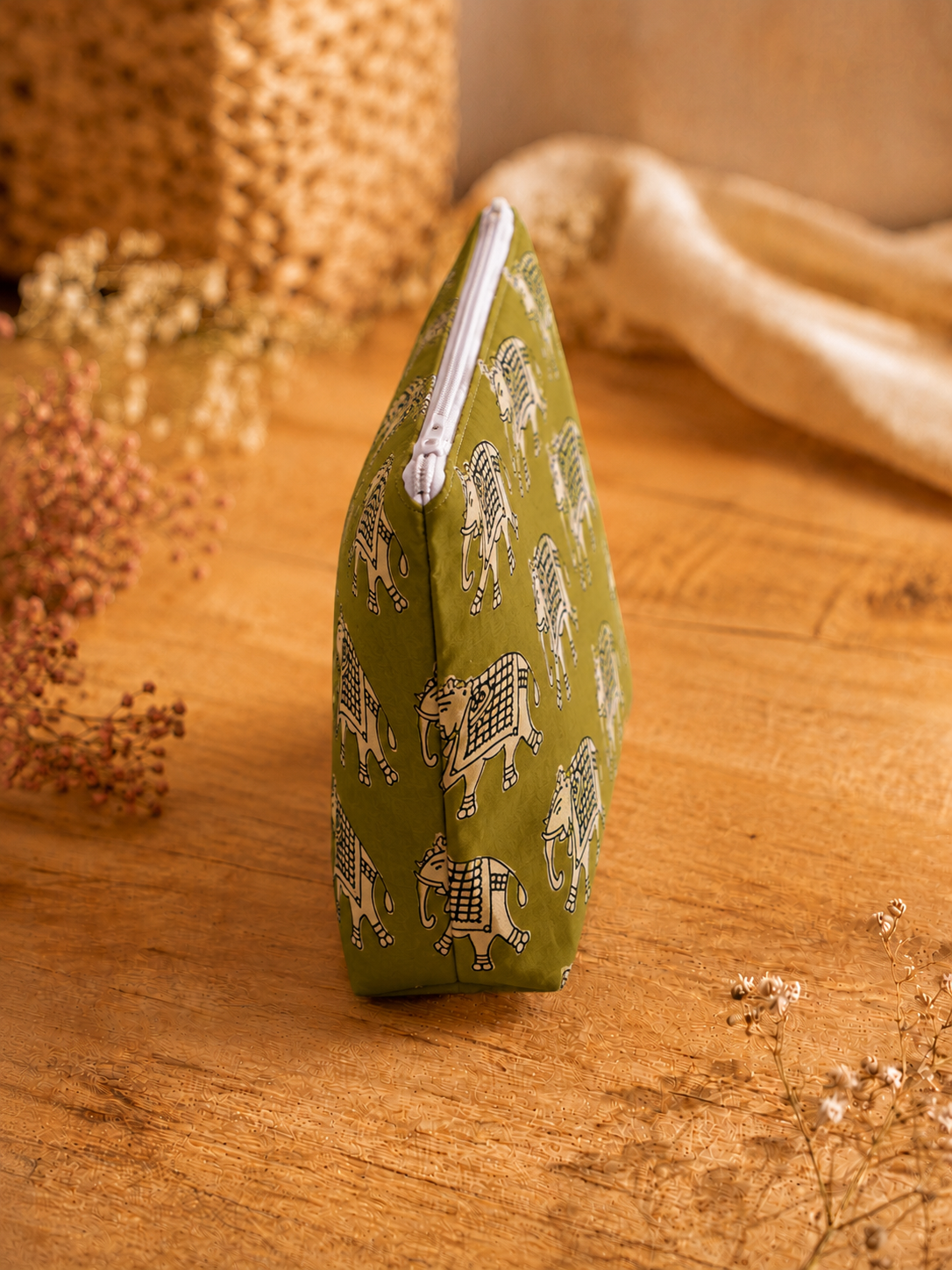 Olive Green Elephant Print Skincare & Makeup Pouch