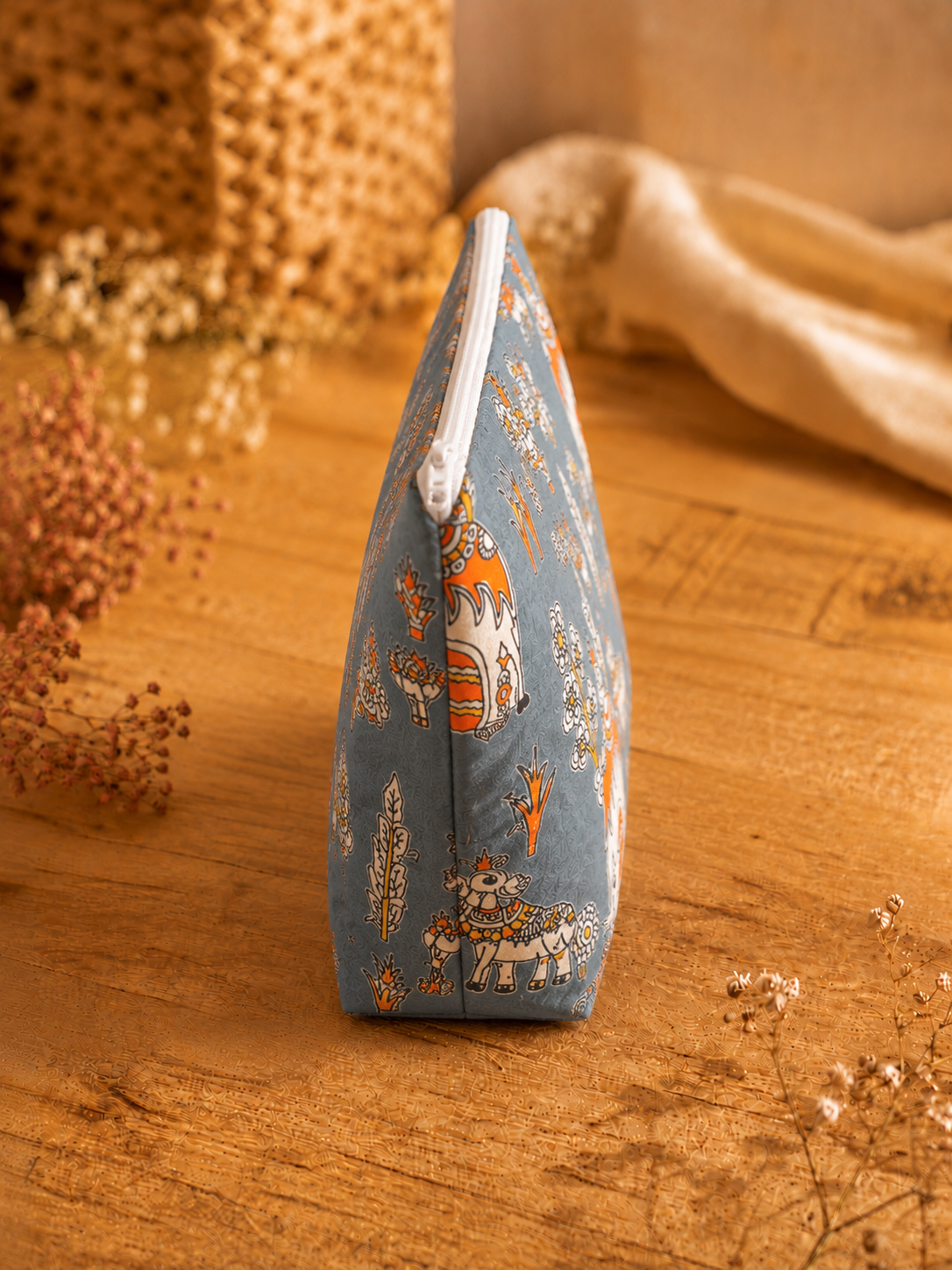 Grey Blue Overall Print Skincare & Makeup Pouch