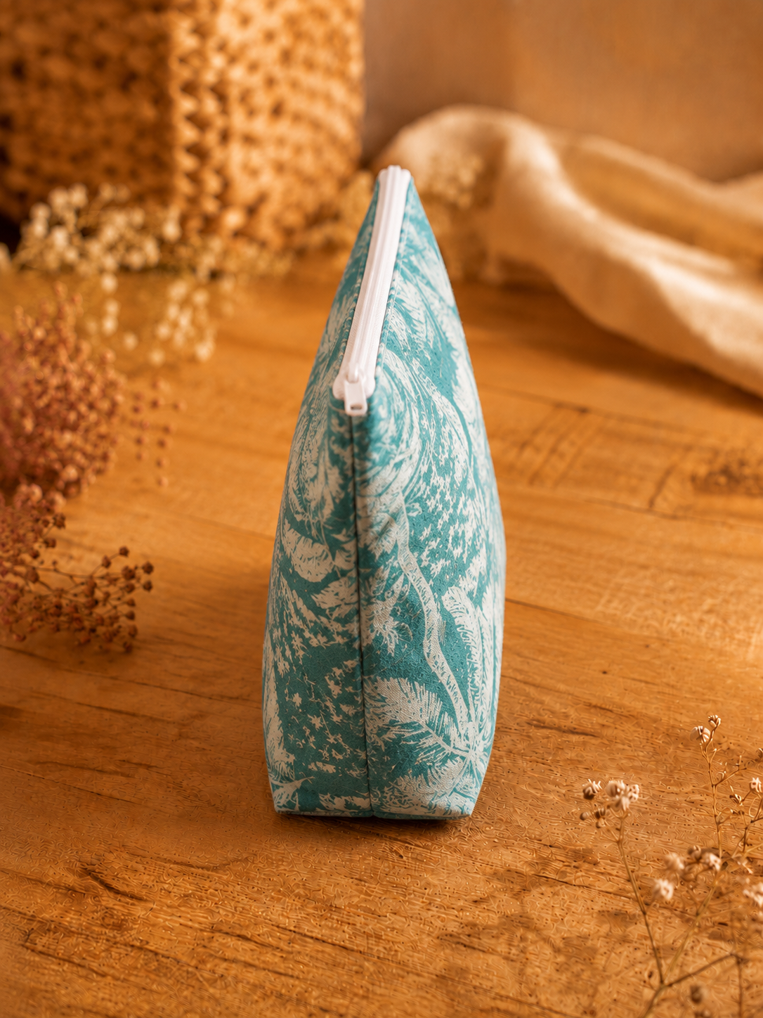 Green Off-White Floral Skincare & Makeup Pouch
