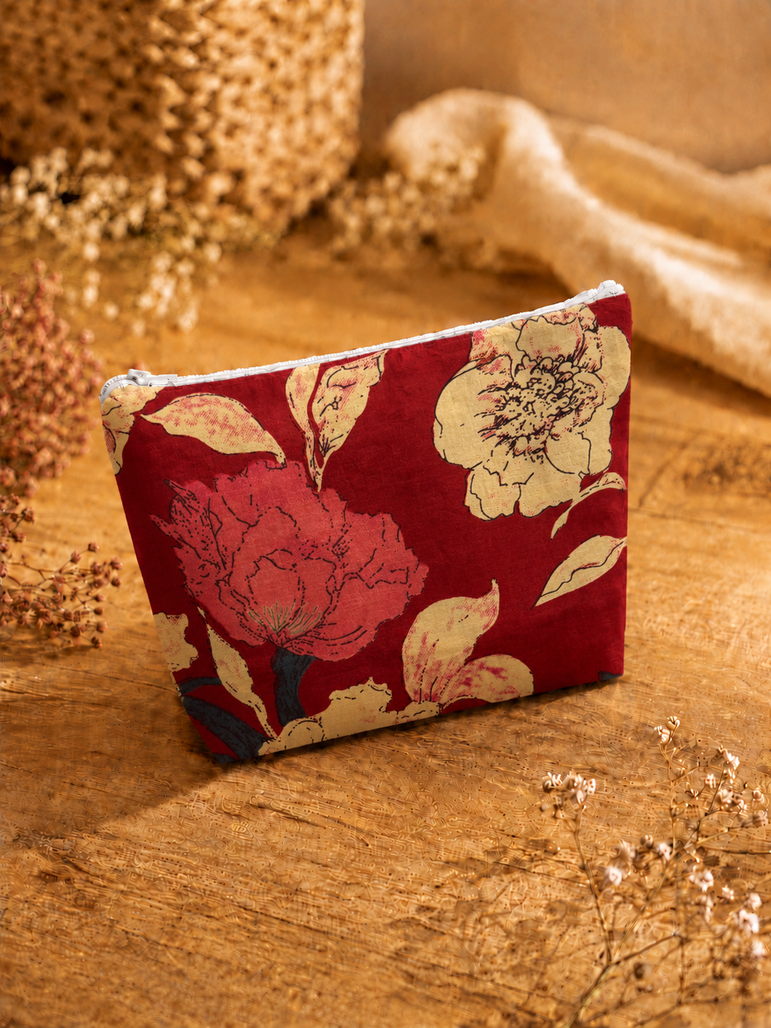 Red Large Floral Skincare & Makeup Pouch