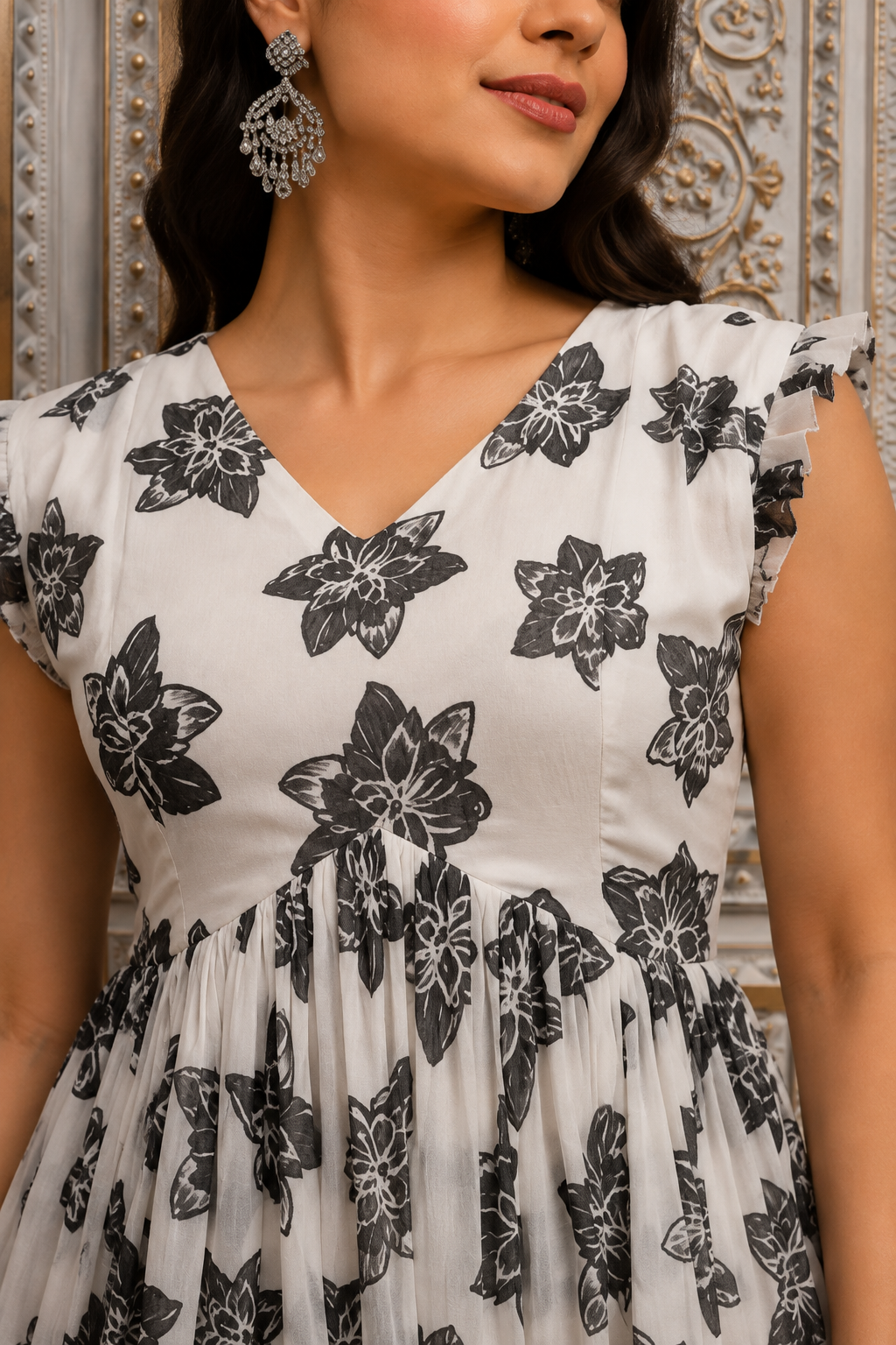 White & Black Chiffon Frock