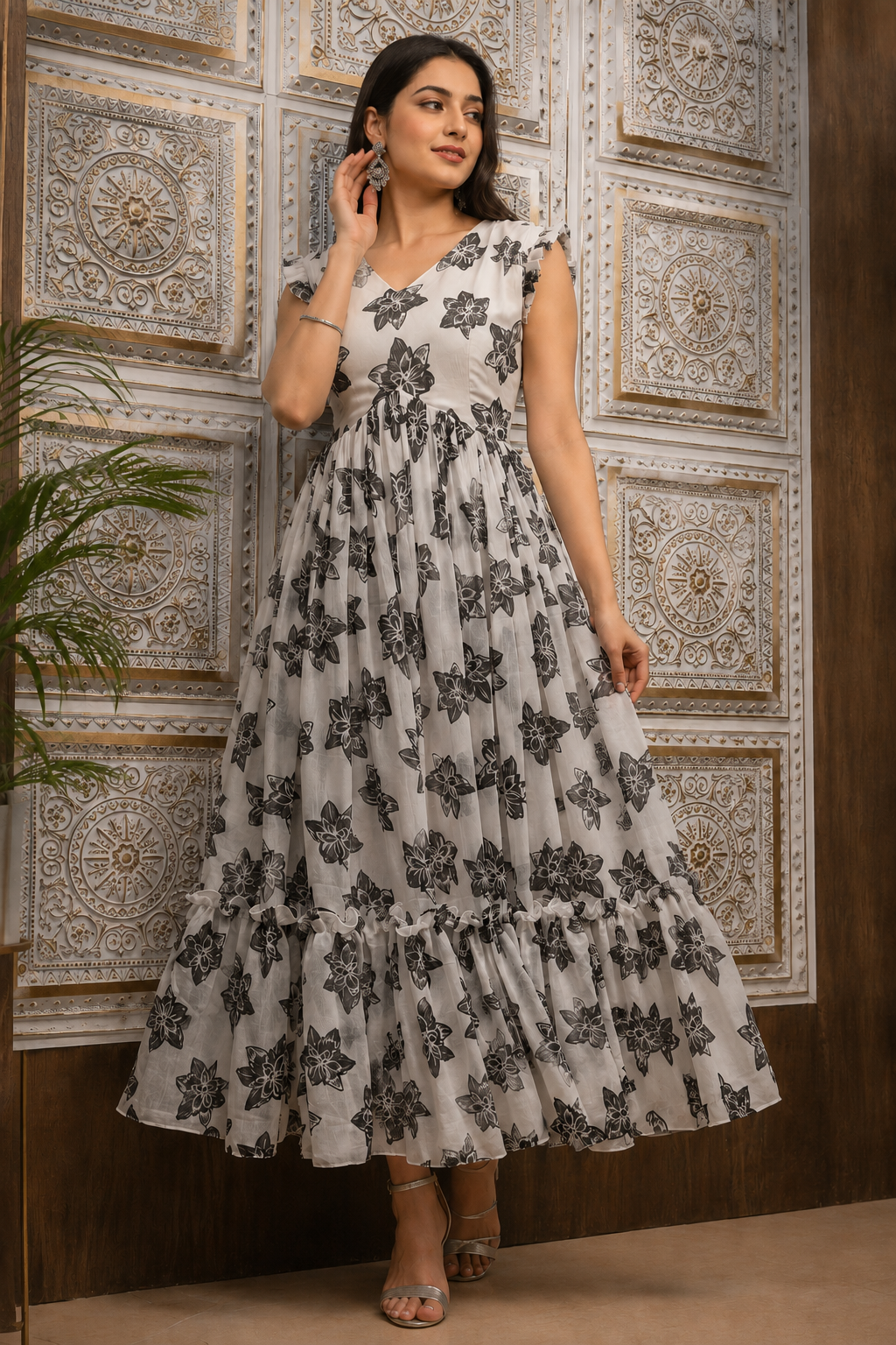 White & Black Chiffon Frock