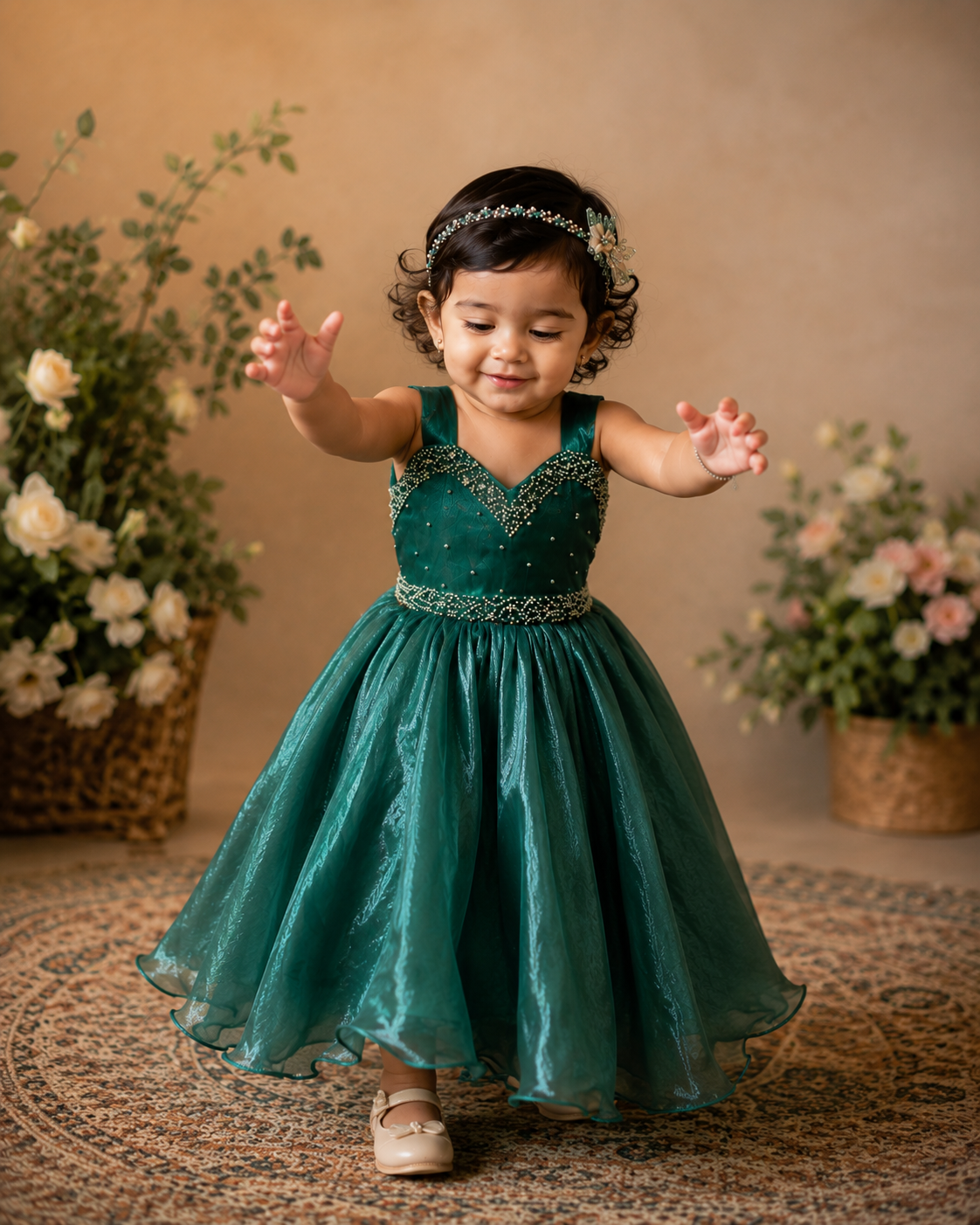 Teal Sea Green Space Silk Dress with Maggam Work