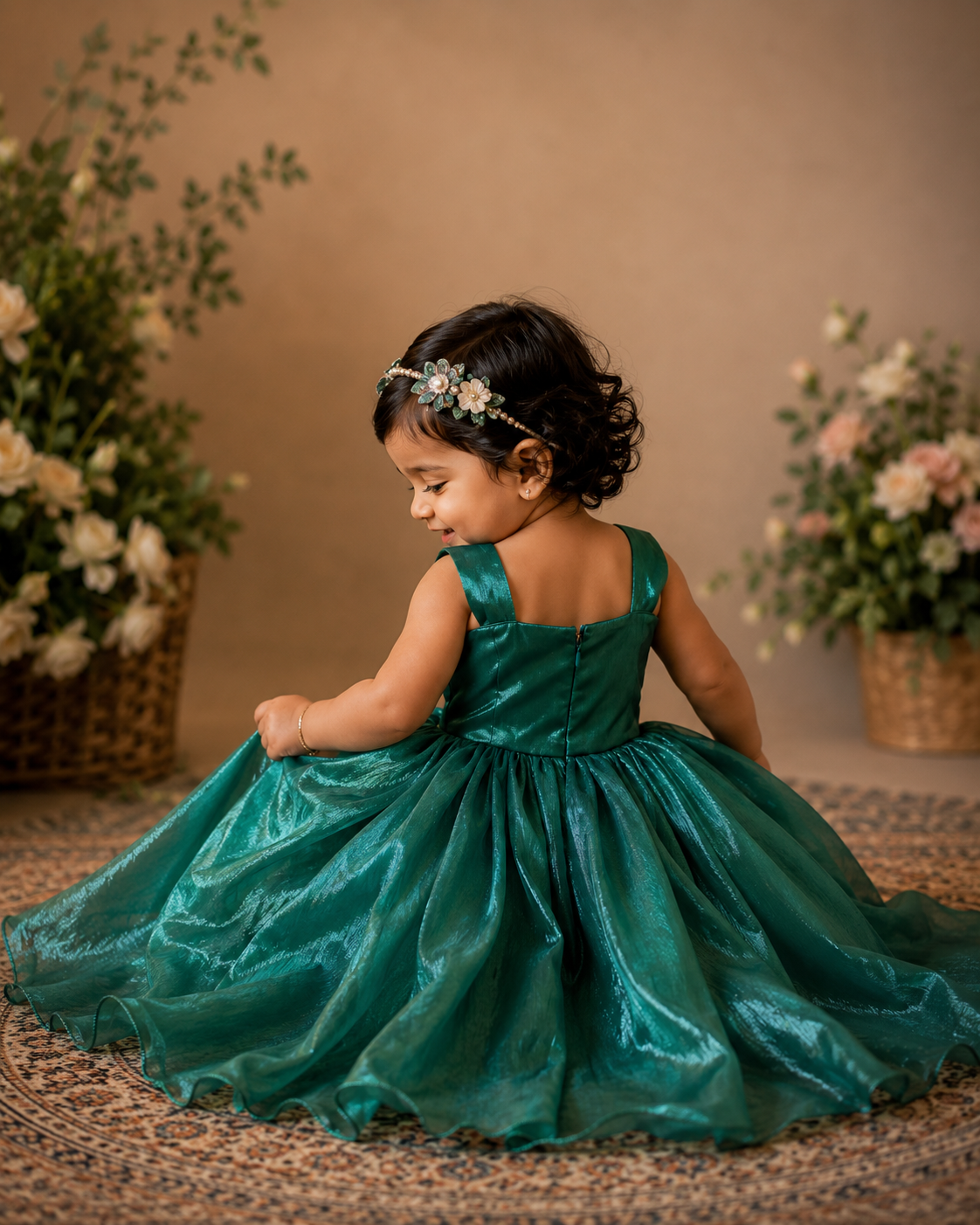 Teal Sea Green Space Silk Dress with Maggam Work