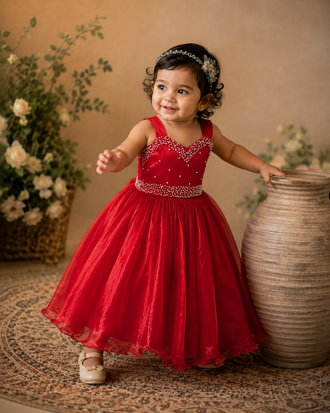 Red Space Silk Dress with Maggam Work