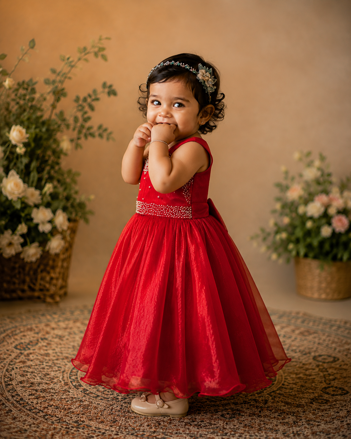 Red Space Silk Dress with Maggam Work