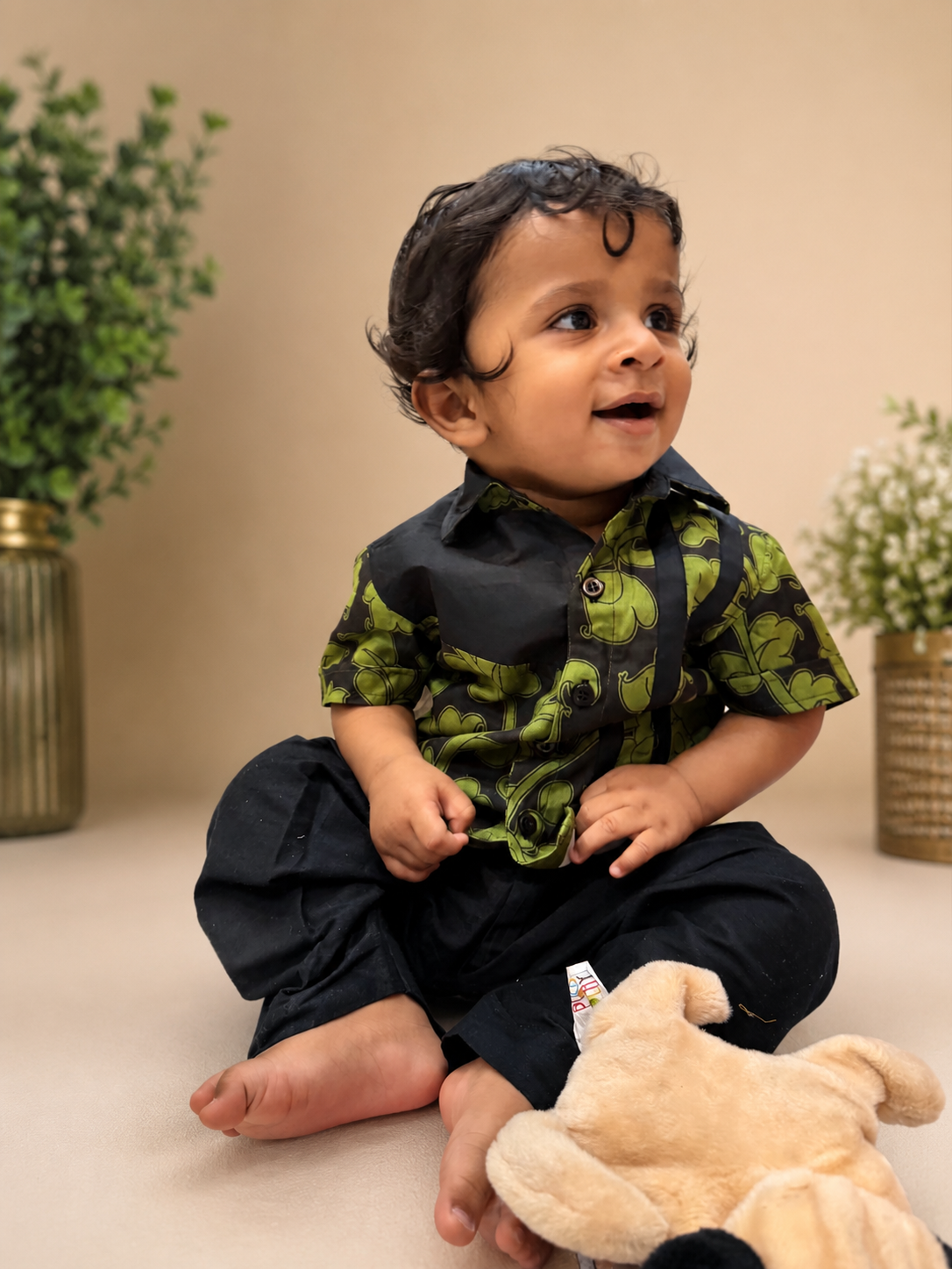 Green Kalamkari Silk Boys Shirt