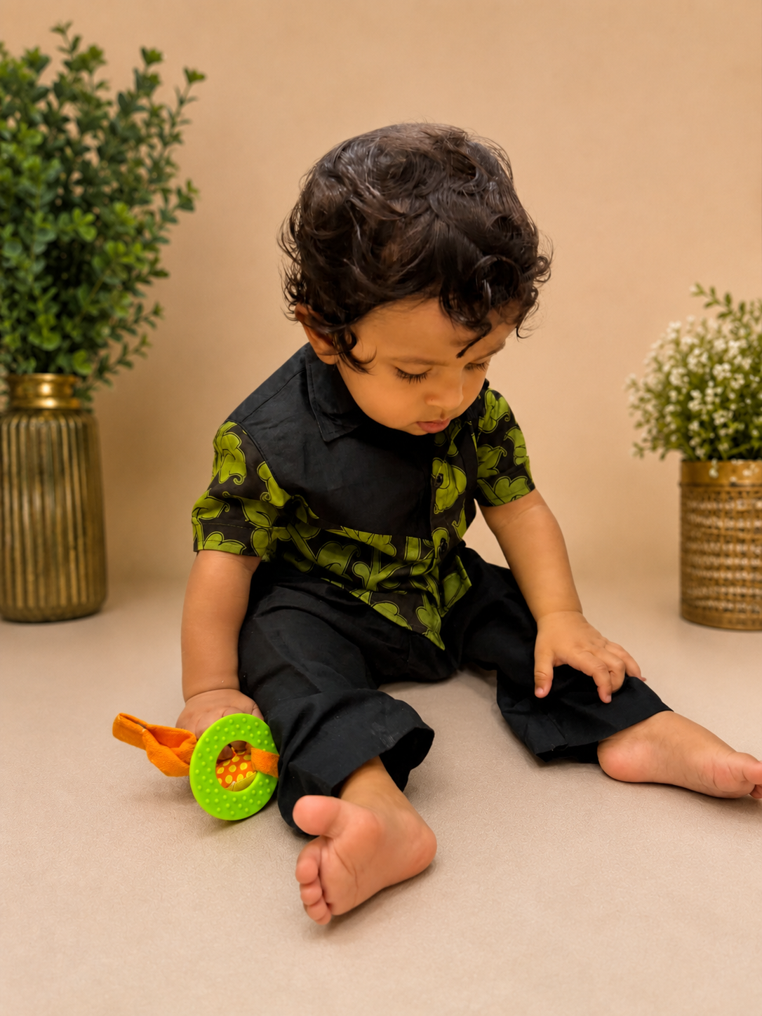 Green Kalamkari Silk Boys Shirt