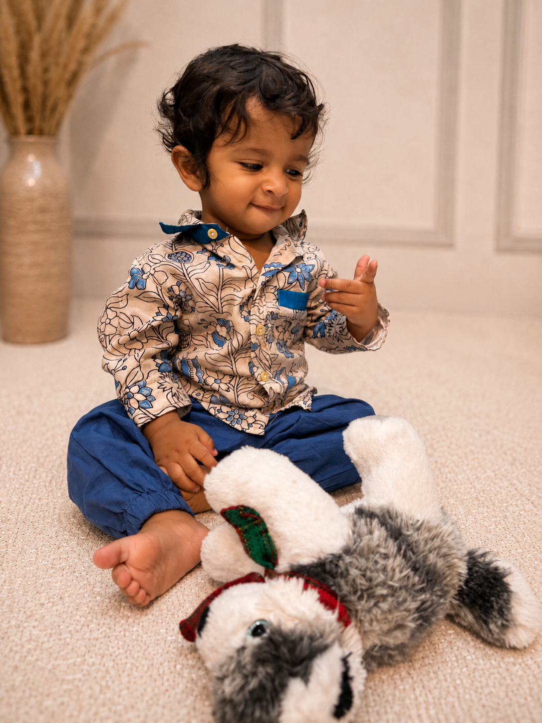 Blue Kalamkari Silk Boys Shirt with Pant