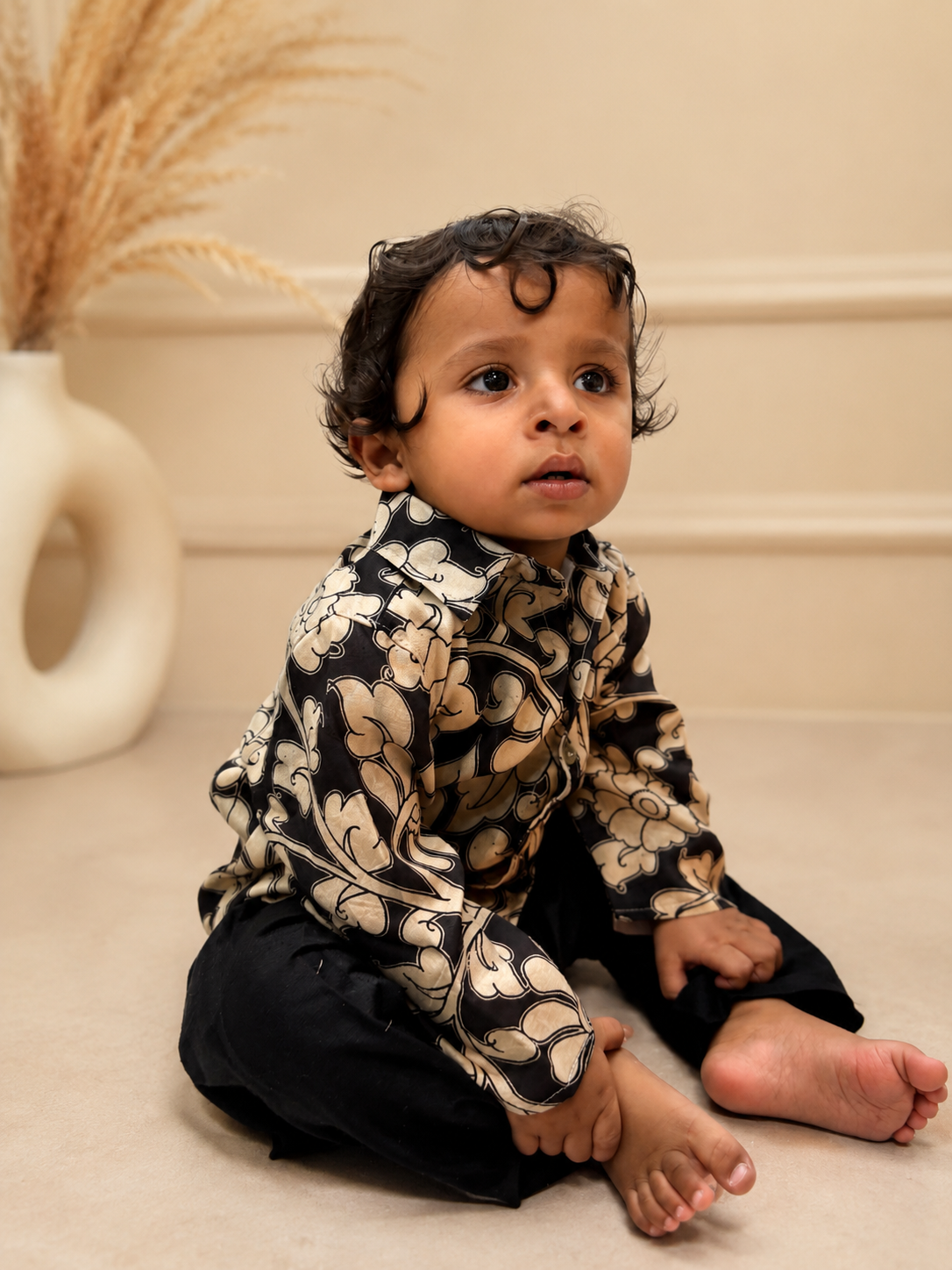 Black Kalamkari Silk Boys Shirt