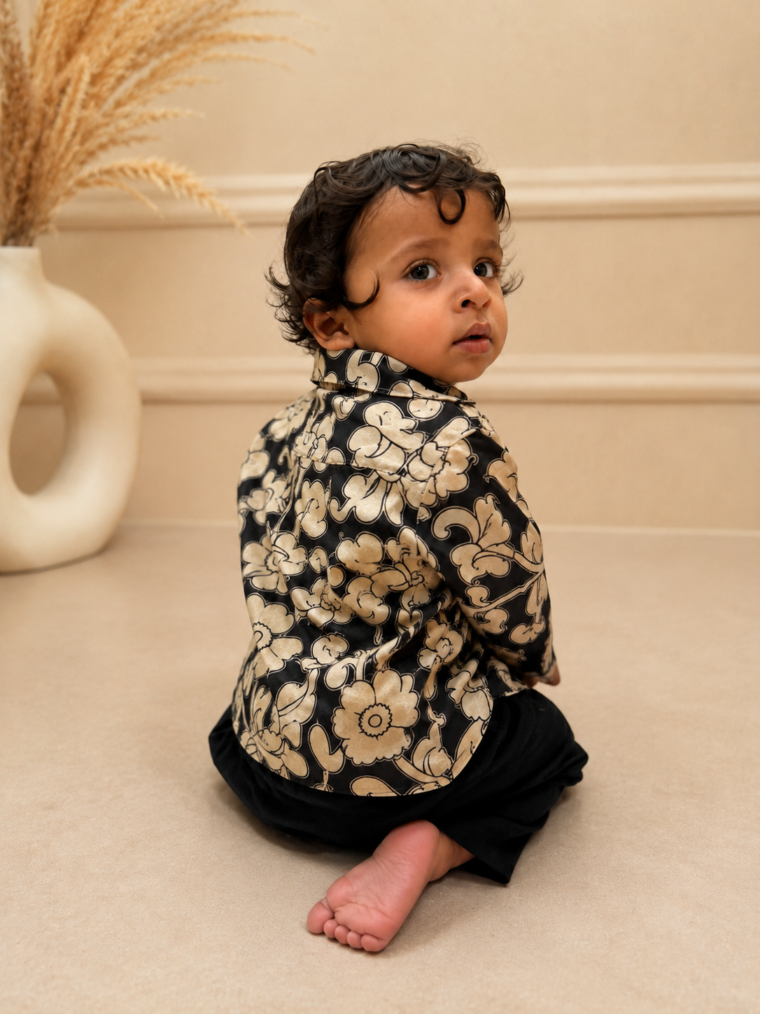 Black Kalamkari Silk Boys Shirt
