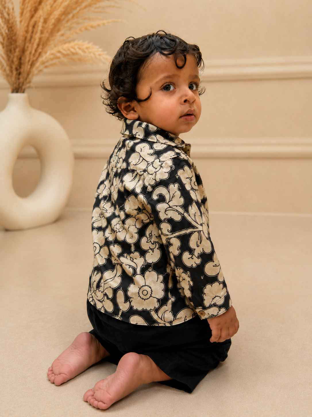 Black Kalamkari Silk Boys Shirt with Pant