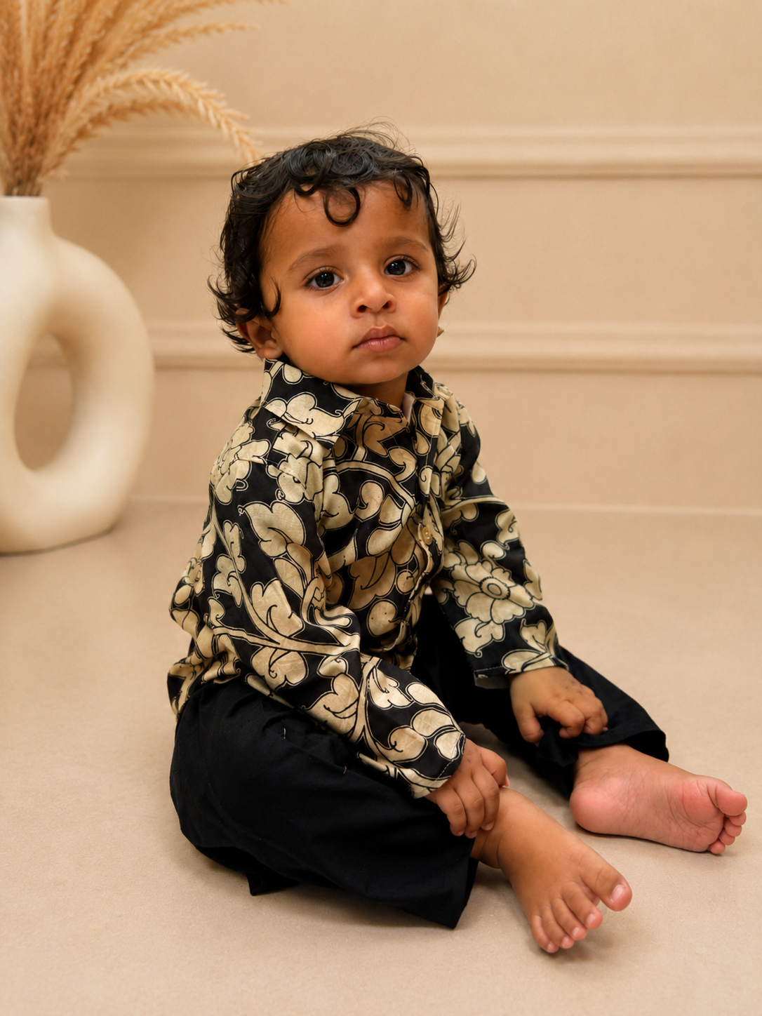 Black Kalamkari Silk Boys Shirt