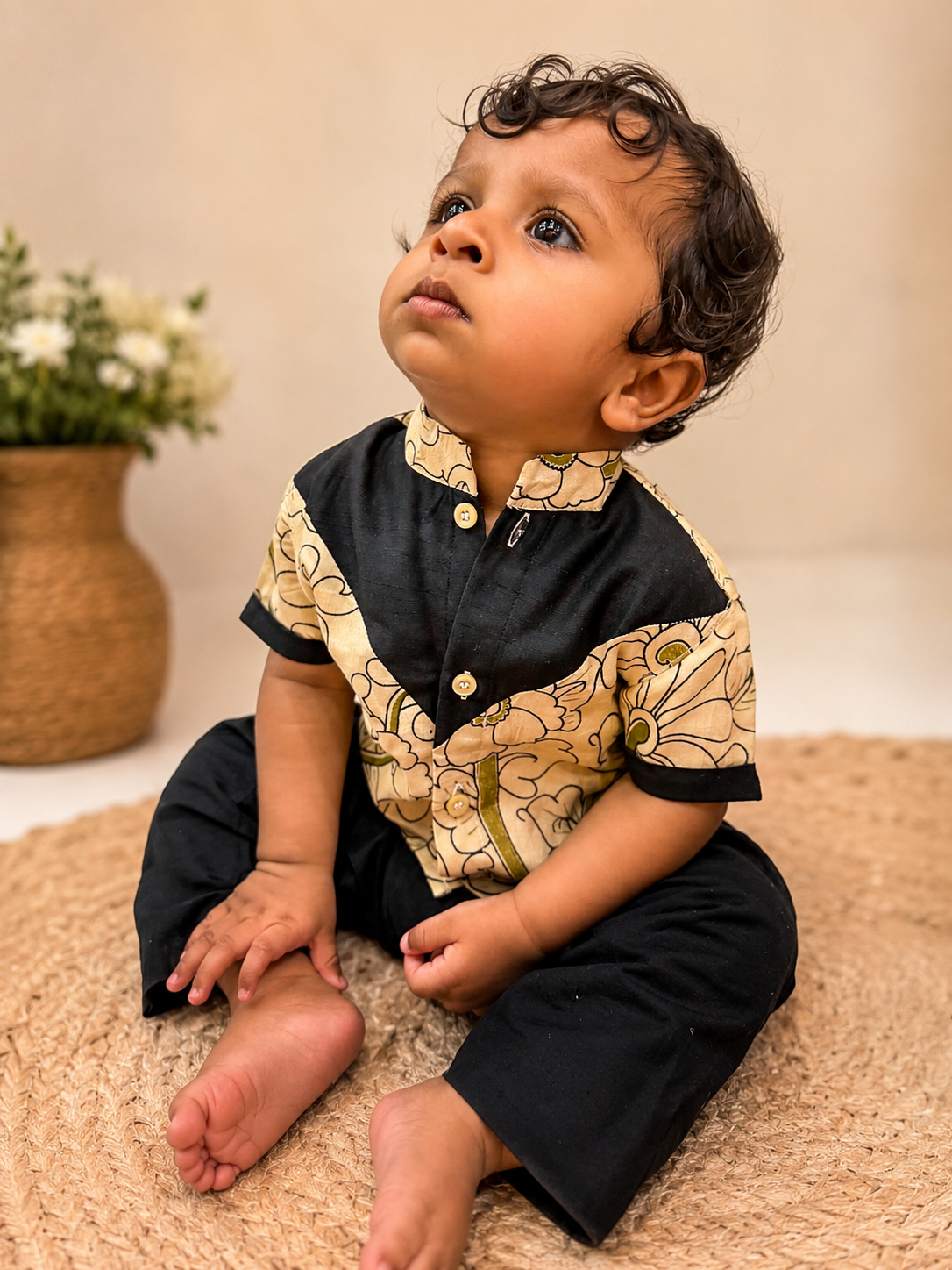 Cream Black Kalamkari Silk Boys Shirt
