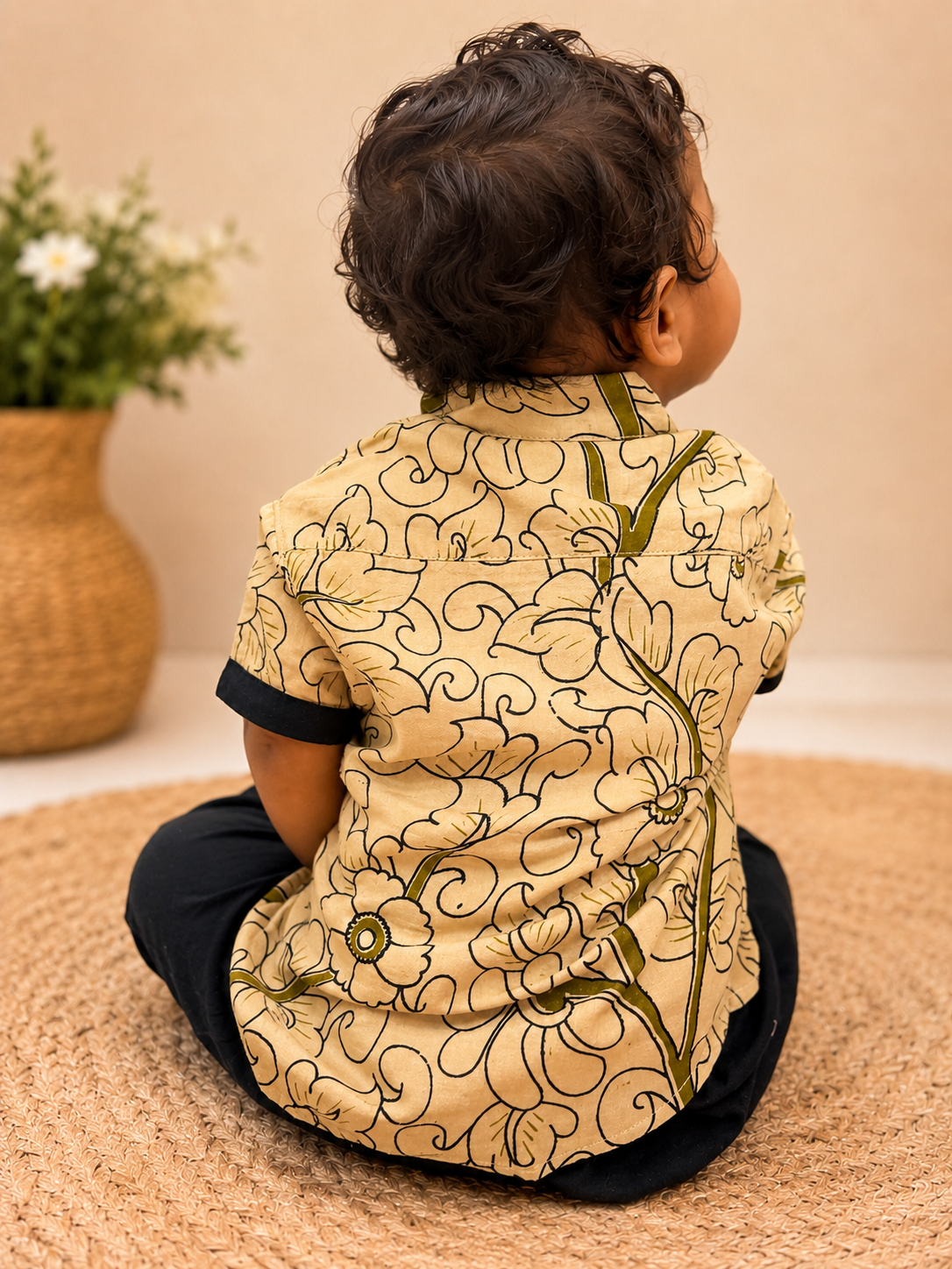 Cream Black Kalamkari Silk Boys Shirt