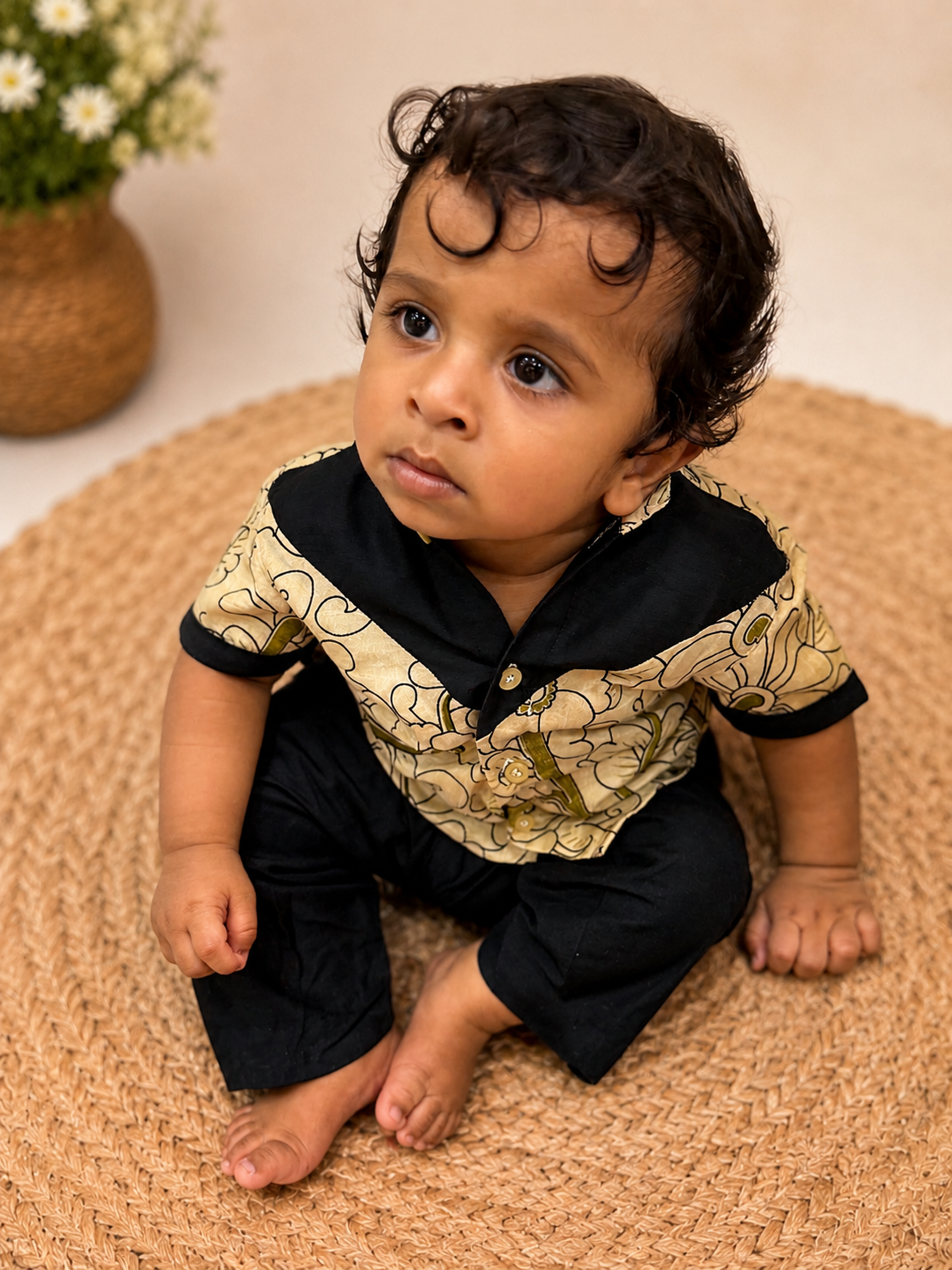 Cream Black Kalamkari Silk Boys Shirt