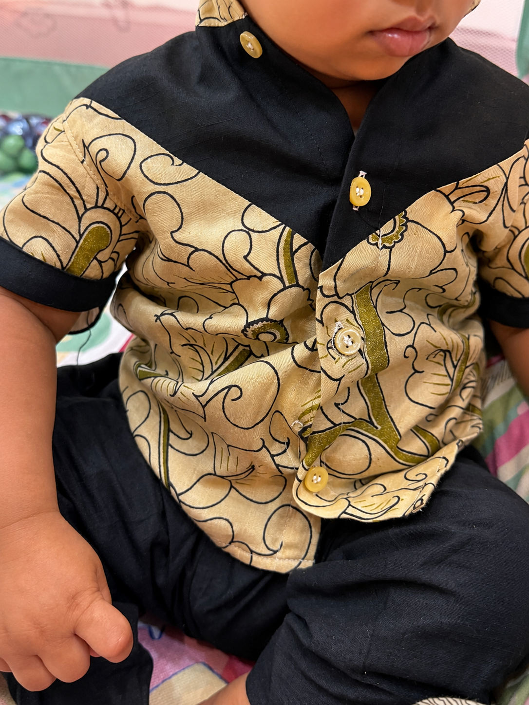 Cream Black Kalamkari Silk Boys Shirt with Pant