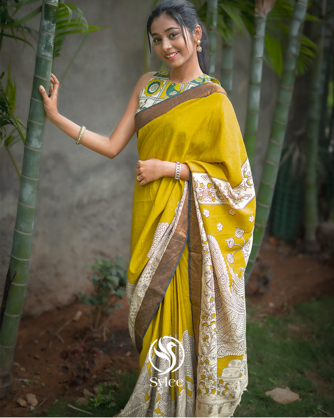 Green Kalamkari saree with Nizam Border