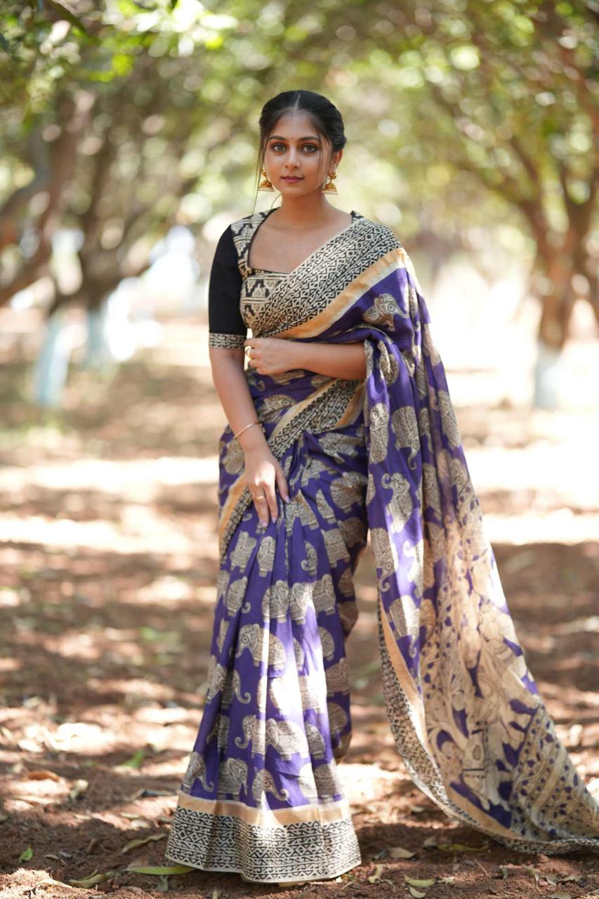 Lavendar Elephant Cotton Saree