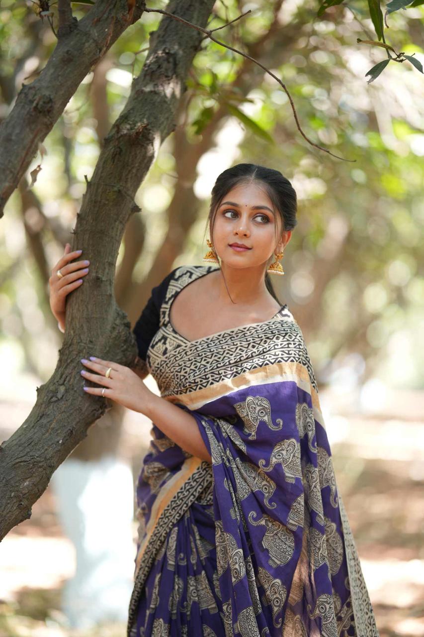 Lavendar Elephant Cotton Saree